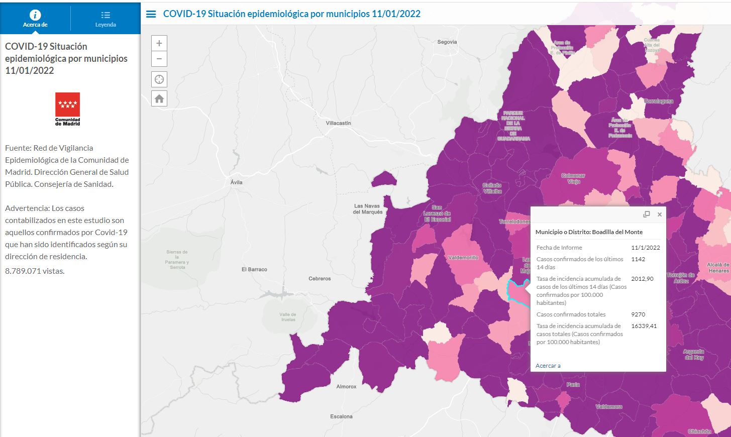 SITUACIÓN EPIDEMIOLÓGICA COVID-19 en Boadilla del Monte 11/01/2022